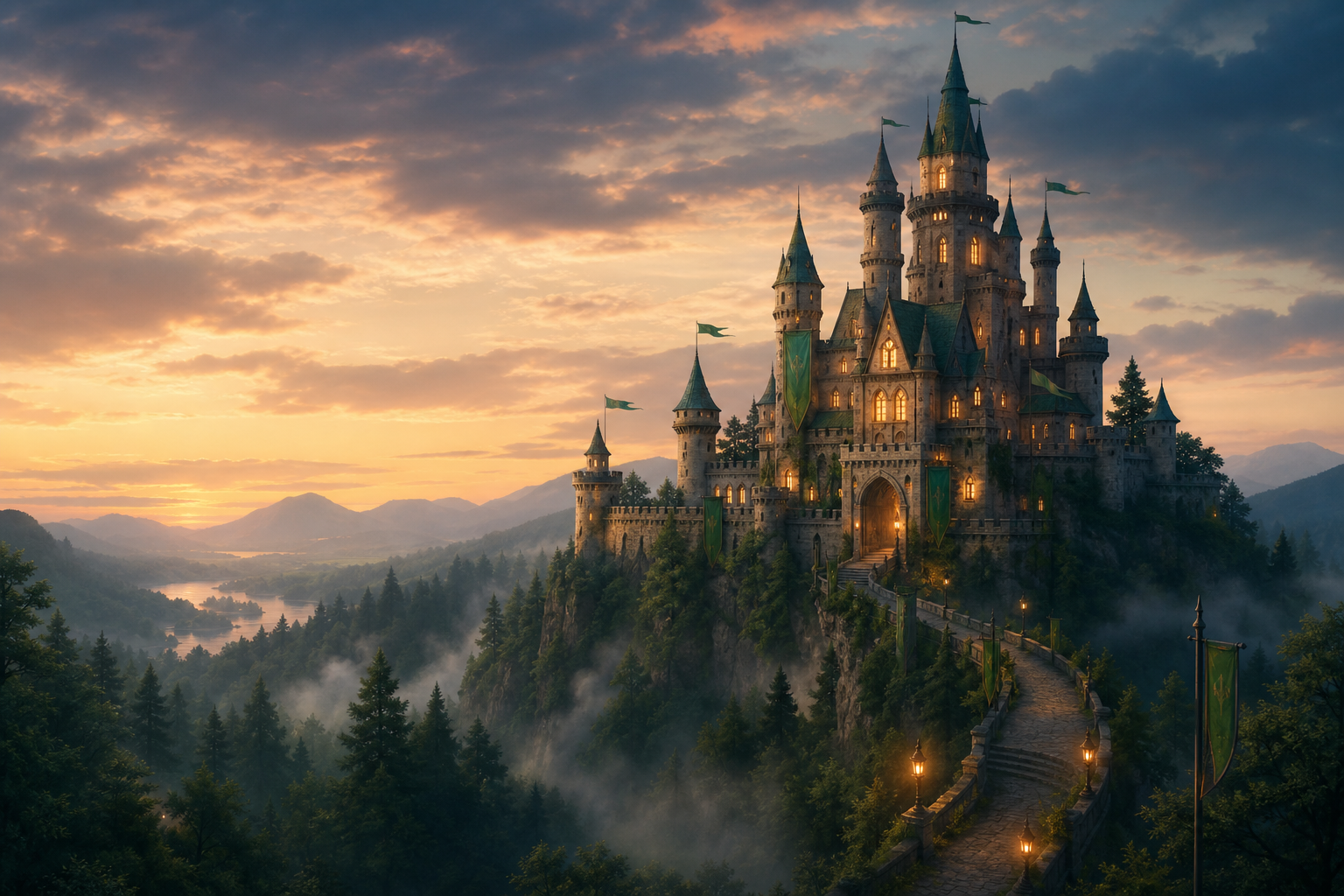 Illustrated fairy-tale castle at dusk