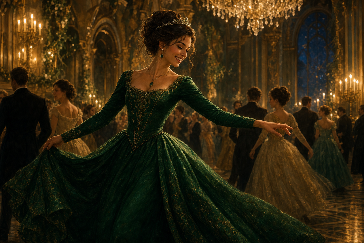 Illustrated princess at a candlelit ball, storybook style