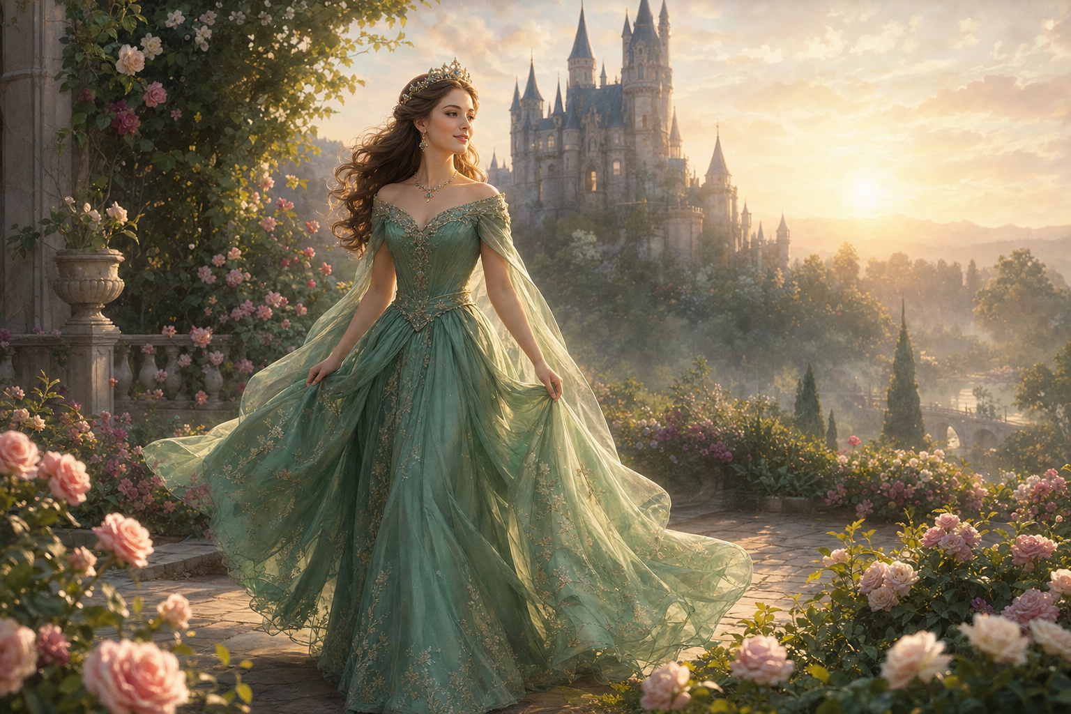 Illustrated princess walking through a sunlit royal garden