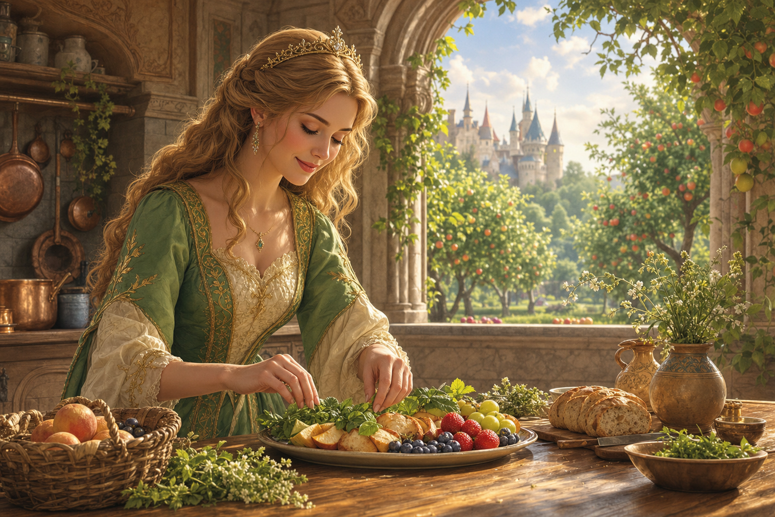 Illustrated princess preparing a simple wholesome meal
